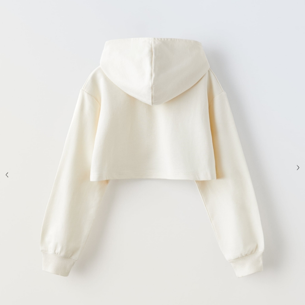 Zara "Sunday Tour" Girls Cropped Hooded Sweatshirt in Ecru 9 - Picture 2 of 12